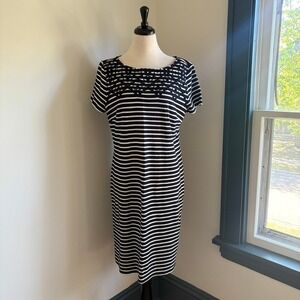 Talbots Striped Cotton Eyelet Dress Women's L‎ Blue White Nautical Floral Summer